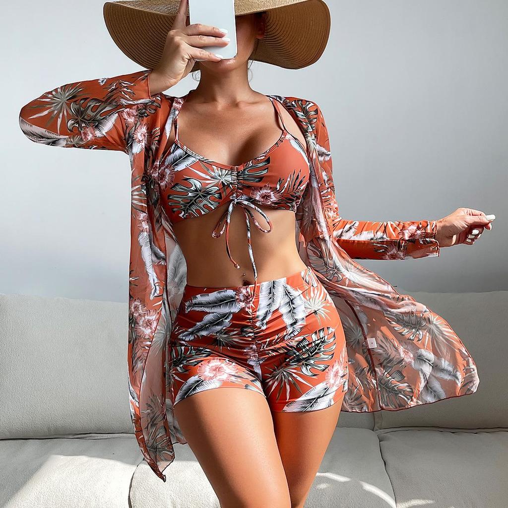 Swimsuit Women's Split Three Piece Set High Waist Long Sleeve Ins Overshirt Drawstring Printed Bikini Suits