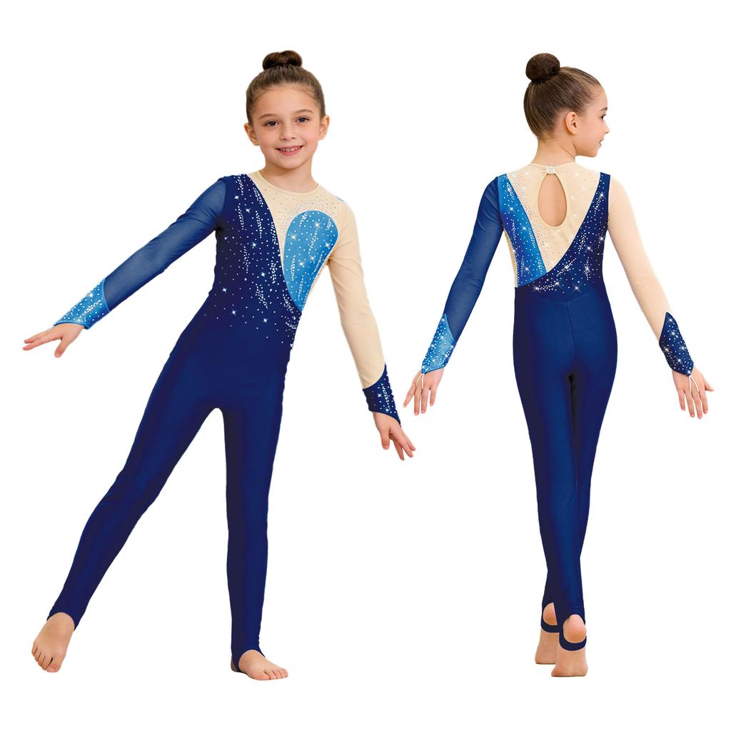 Veelzijdige Trainings- & Wedstrijdjumpsuit voor Kinderen Meisjes: Kenmerken Vingergaten, Mesh Patchwork & Strass Accenten