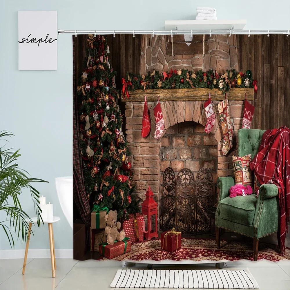 GAEMerry Christmas Shower Curtain Xmas Tree Fireplace Holiday Gifts Interior Old Decor Bathroom Waterproof Curtains With Hook