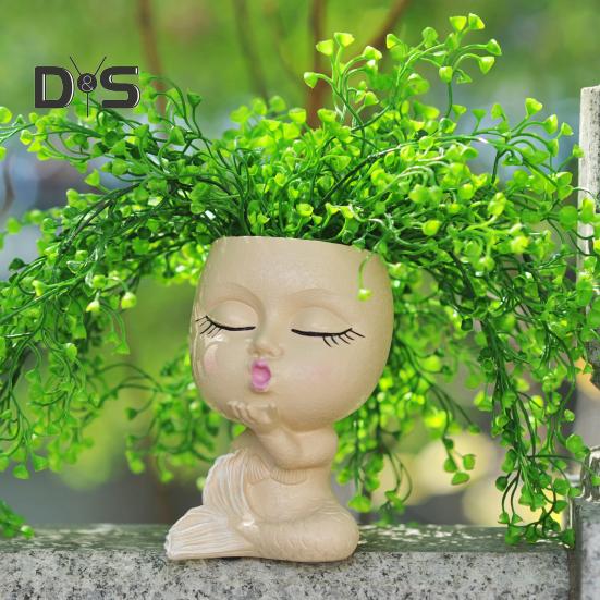 Face Planter Pot with Drainage Hole Resin Kissing Women Head Figurine Flowerpot Indoor Outdoor Plants Container Home Balcony Garden Decoration