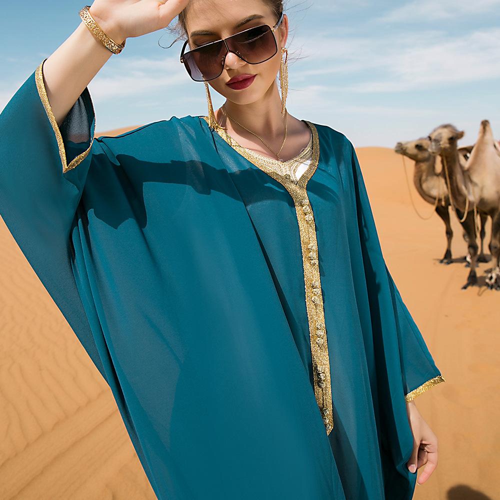 Naher Osten Muslimisches Kleid Seeblaues Band Cape Dubai Loses Fledermaushemd Robenkleid
