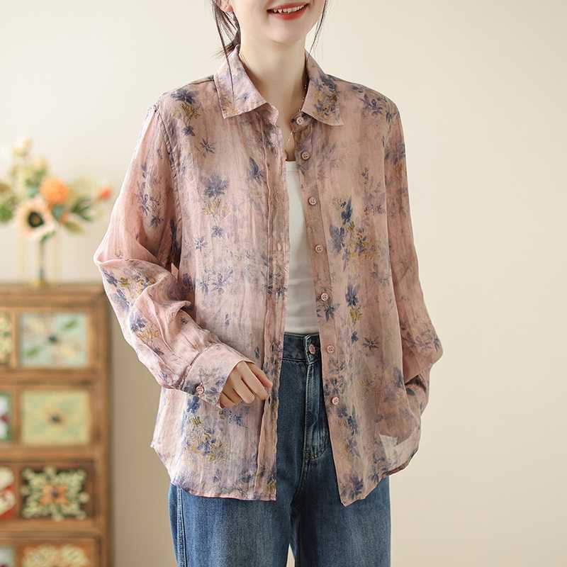 

Рубашка из хлопка и льна с длинными рукавами и принтом чернил, свободная, универсальная, в стиле ретро, в китайском стиле, для женщин, блузки, рубашки 2XL