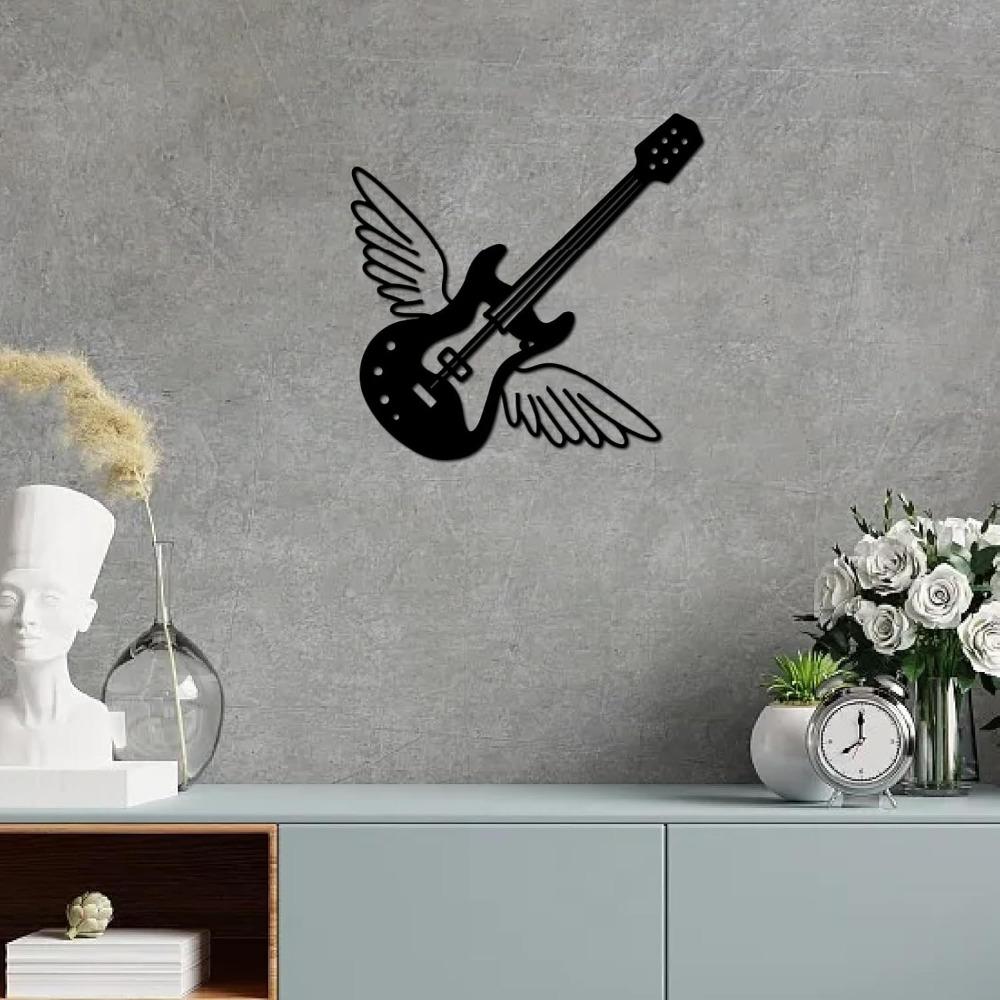 Black Metal Guitar Wings Wall Art Sculpture, Hollow Iron Wall Decor, Rustic Music Themed Hanging Sign for Living Room Home Office 12x12 Inch