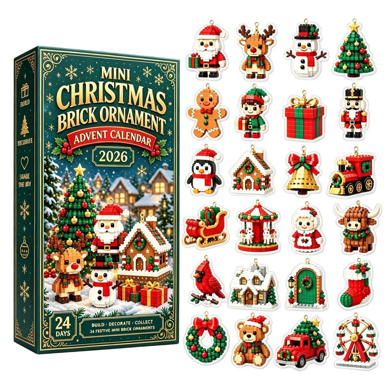 3D Mini Weihnachts-Ziegelstein-Ornament Adventskalender 2026, 24 Tage Weihnachts-Countdown Bausteine-Set, Weihnachtsbaum-Dekoration Geschenk