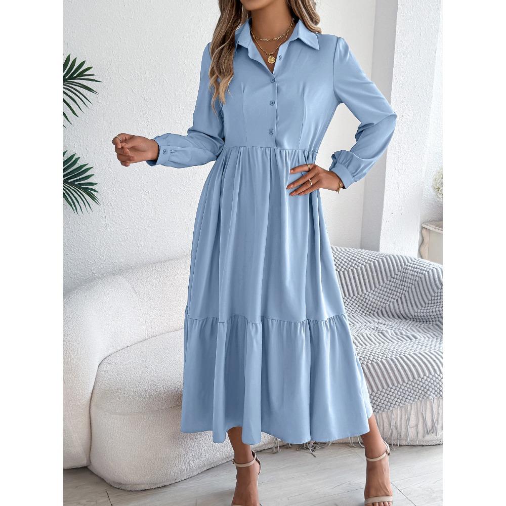 Women's Long Skirt Lapel Casual Loose Long Sleeve Ruffle Shirt Dress Fashion Dresses