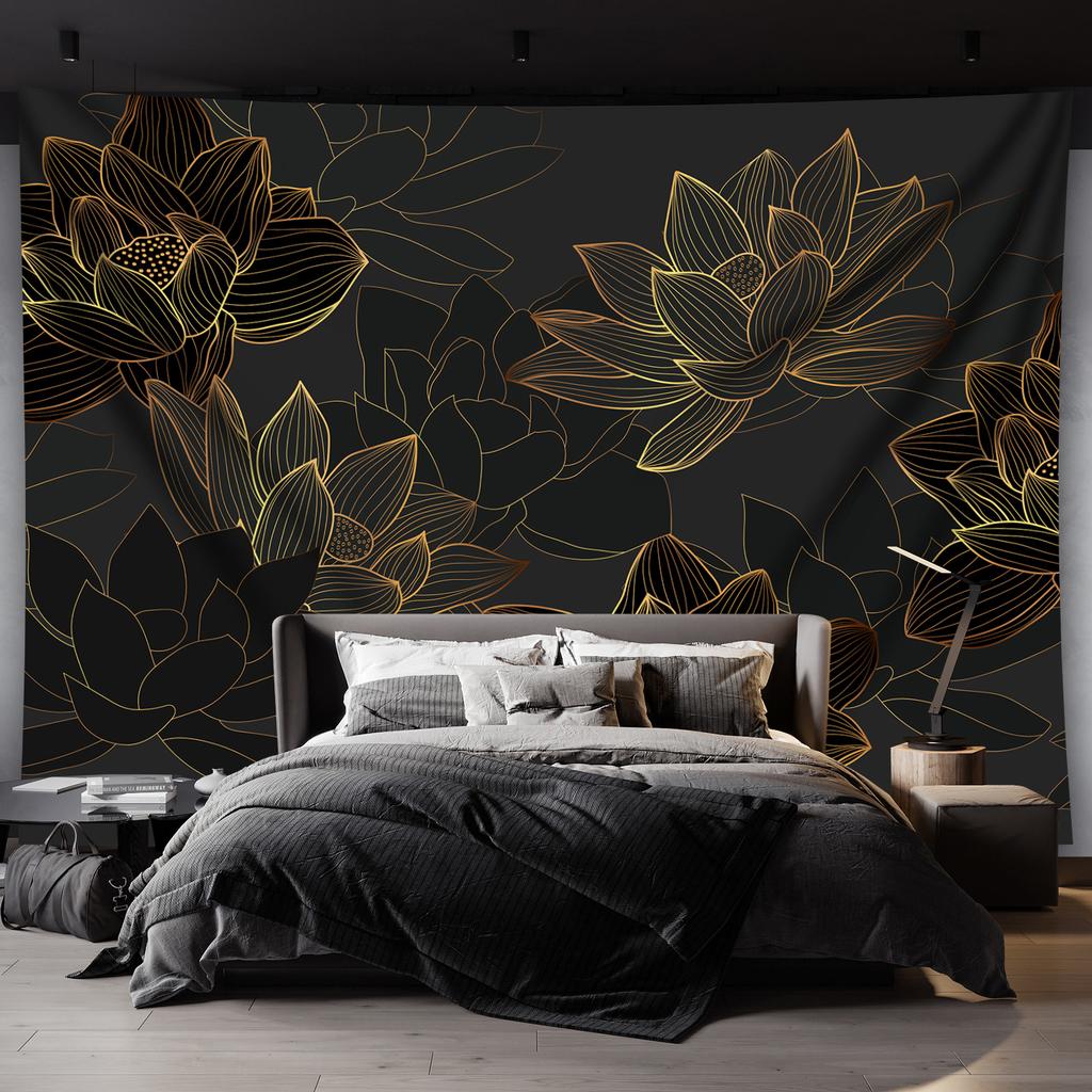 Elegant Gold Lotus Floral Tapestry Wall Hanging Room Decor Boho Abstract Backdrop Curtain Art Modern Bedroom Accent