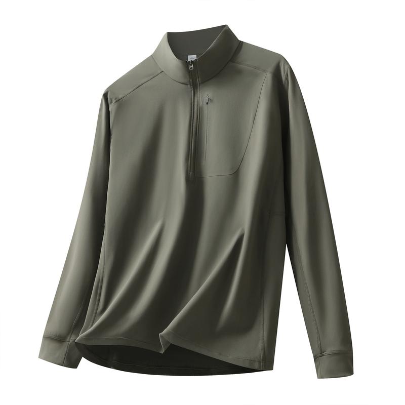 Men's Light Grey Quarter Zip Stand Collar Top, Casual Long Sleeve Quick Dry Shirt for Daily Wear