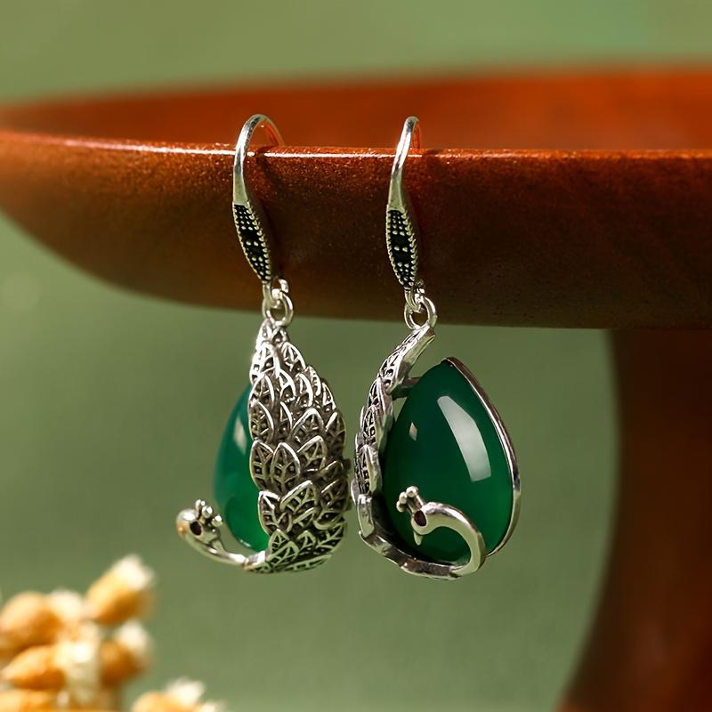 [1 Pair Peacock Earrings] 1 Pair Elegant Peacock Style Earrings | Silvery Feathers and Green Stone & Synthetic Eyes, Exquisite Artistic Jewelry, Inspi