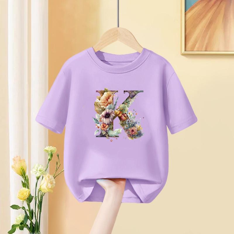 Mädchen T-Shirt 26 Englische Buchstaben A B C D Kindermode Blume T-Shirt Kinder Benutzerdefinierter Name Buchstabe Sommer Lila Kleidung