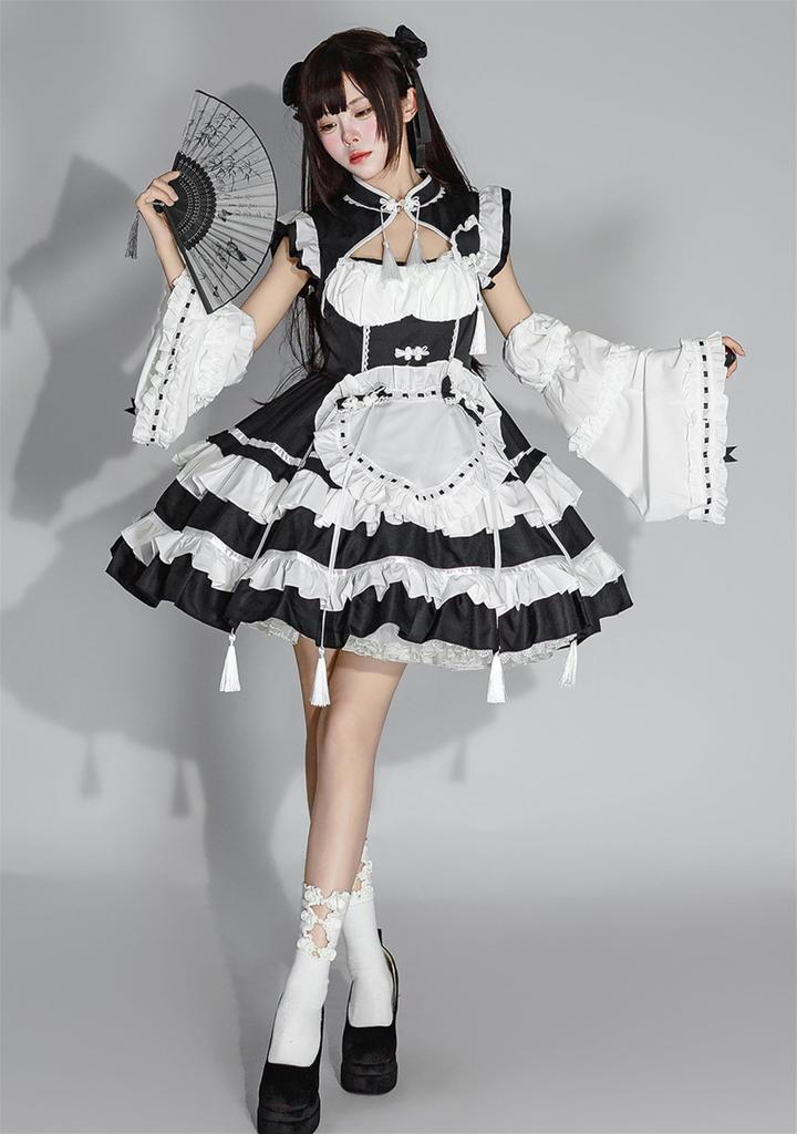 YZZYQQ Maid Cute Black and White Outfit with Gothic Alice in Wonderland Princess Classical and Plus Size Maid Size S Costume, Cosplay, Ribbon, Lolita,