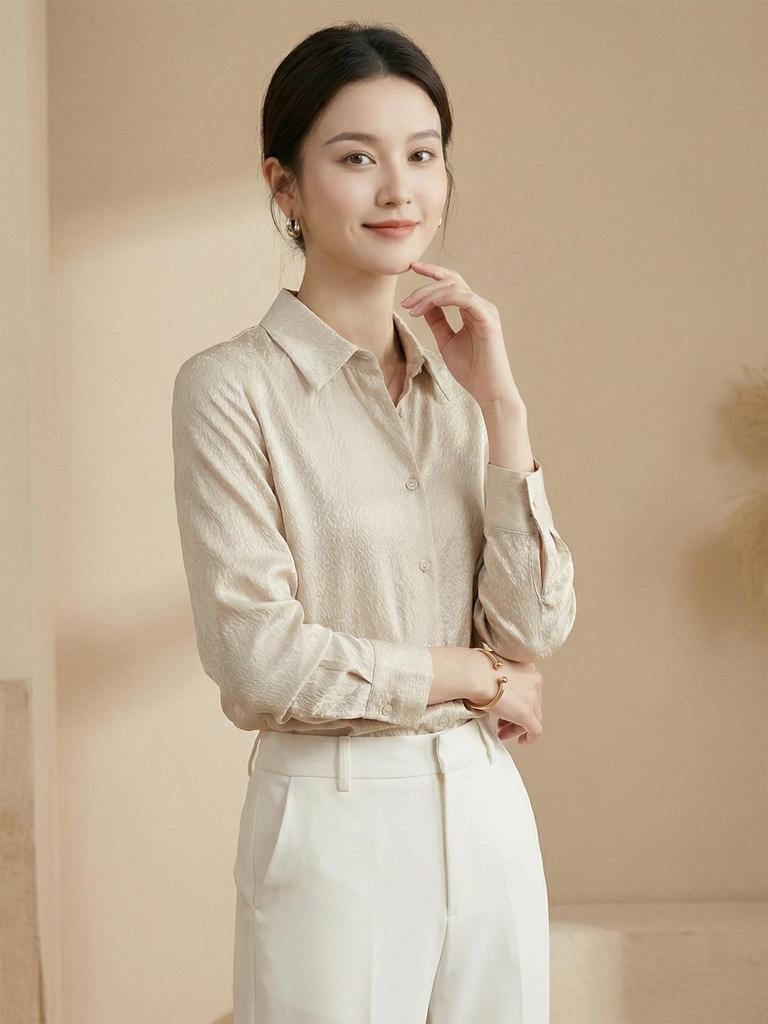 Elegant Women's Jacquard Silk Blouse - Long Sleeve Solid Mulberry Silk Top for Spring 2026