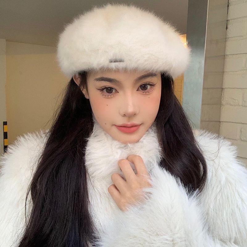 Ladies White Rabbit Fur Hat Winter Beret Autumn and Winter Versatile Trendy Retro Bud Hat