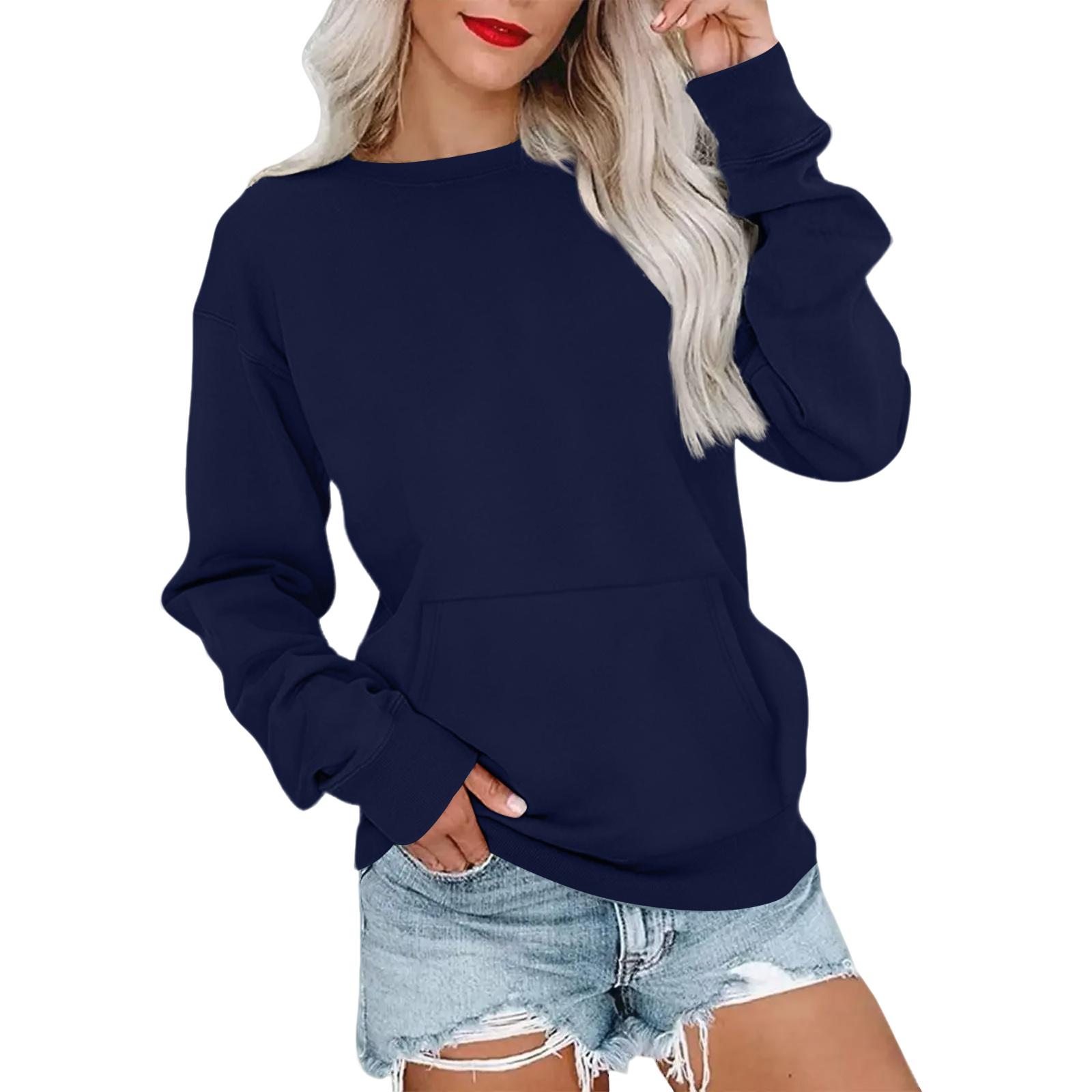 Women s Warm Fashion Casual Long Sleeve Round Neck Pocket Sweatshirt Top L