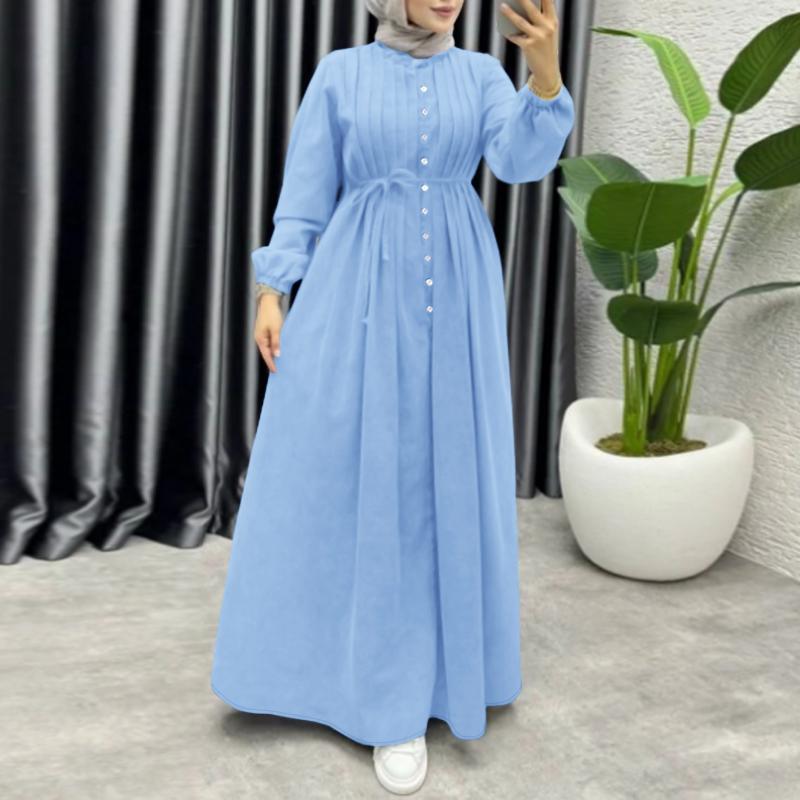 ZANZEA Damen Casual Rundhals Locker Langarm Muslimisches Kleid