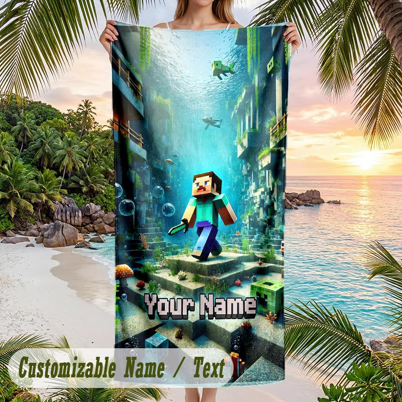 Minecraft Beach Towel, Personalized Custom Text, Quick Dry Soft Large Towel For Swimming Pool Travel