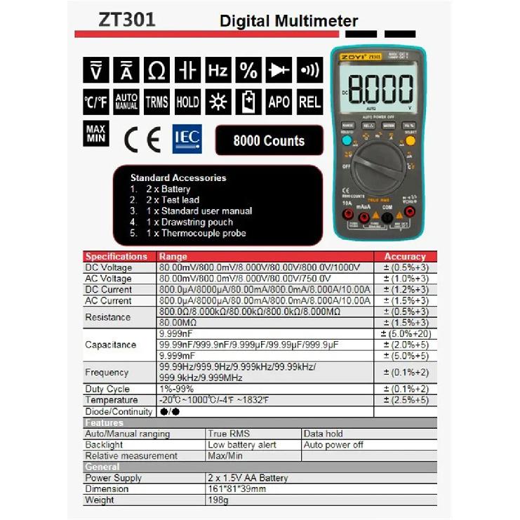 ZOYI Digital Multimeter ZT-X T-RMS Auto Range EBTN LCD Display DC/AC Voltmeter Ammeter Current Capacitor Ohm Temp Hz NCV Tester