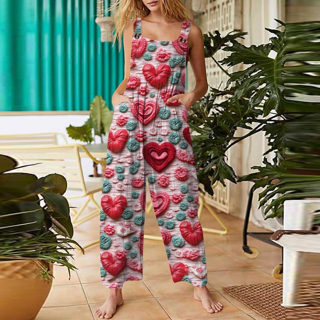 Damen Casual Jumpsuit Valentinstag Herzbedruckter Baumwolljumpsuit