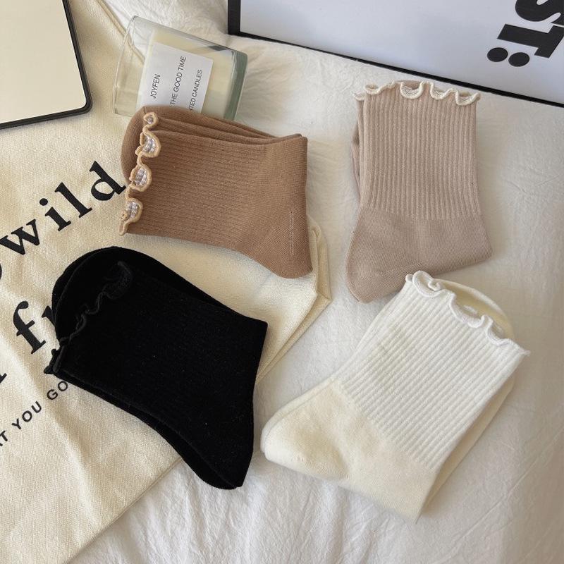 Zhuji Women's Cotton Socks: Merade Color Series, Lace Mid-Calf, Breathable, Antibacterial, Seamless, Postpartum, Versatile.