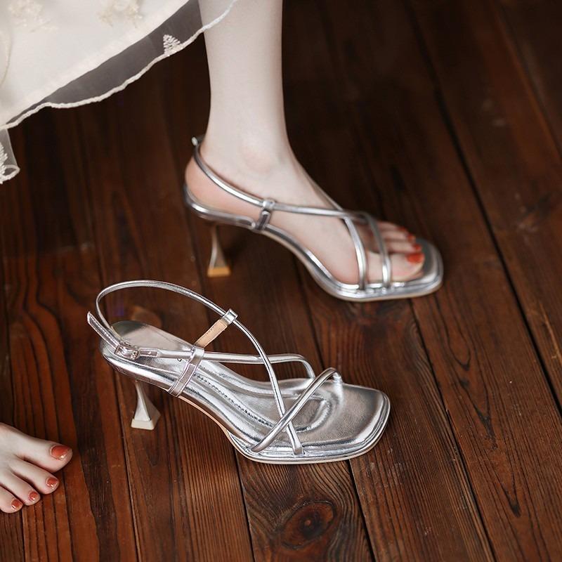 Fashion New Summer Stiletto Sandals Women's Square Head Open Toe Cross Thin Strap Soft Sole Anti-slip Wear-resistant High Heels