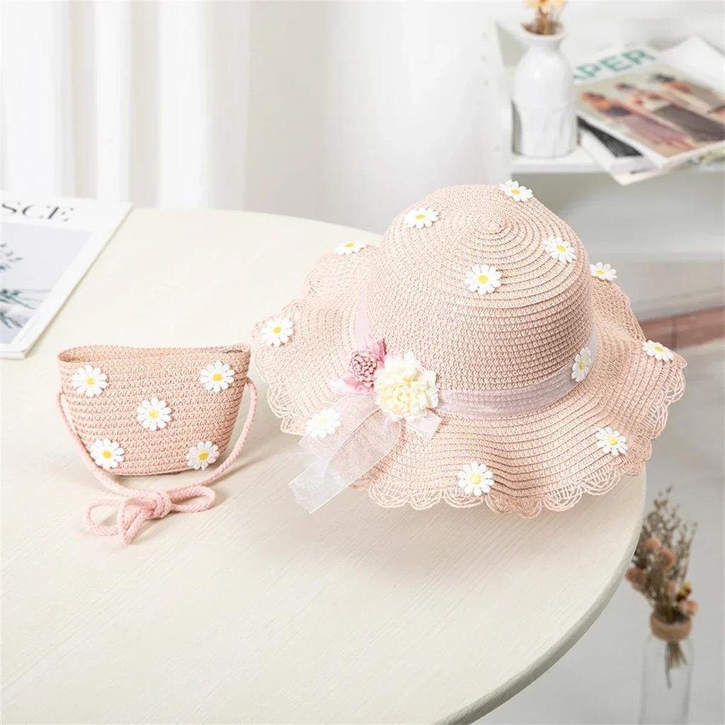 New Summertime Cute Children Straw Hat + Handbag Bag Girls SummerOutdoor Beach Cap Cute Bow Travel Beach Sun HatCrossbody Bag