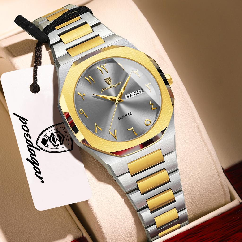 POEDAGAR Elegant Woman Clock Date Week Waterproof Casual Ladies Wristwatch Quartz Stainless Steel Fashion Watches
