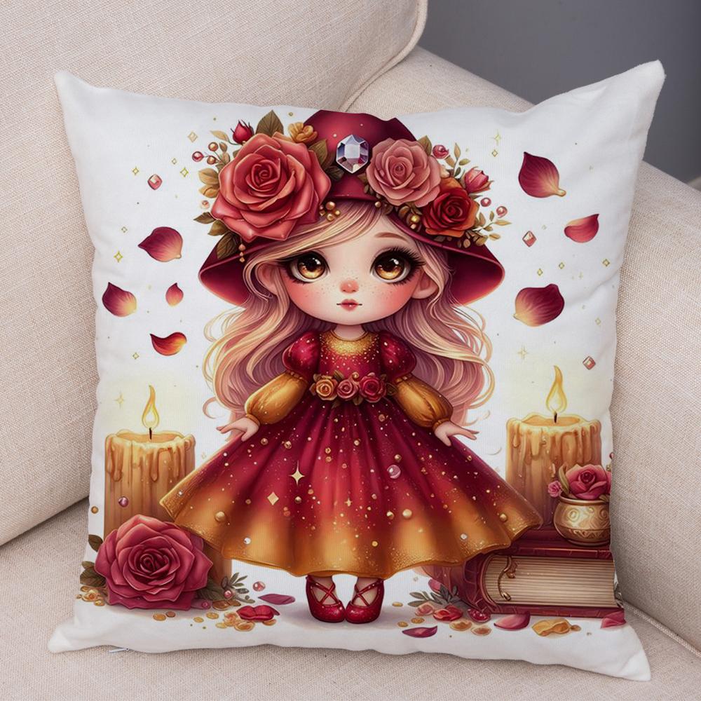 Rose Candle Witch Girl Cushion Cover Decor Cute Cartoon Children Pillowcase for Sofa Home Car Soft Plush Pillow Case xcm