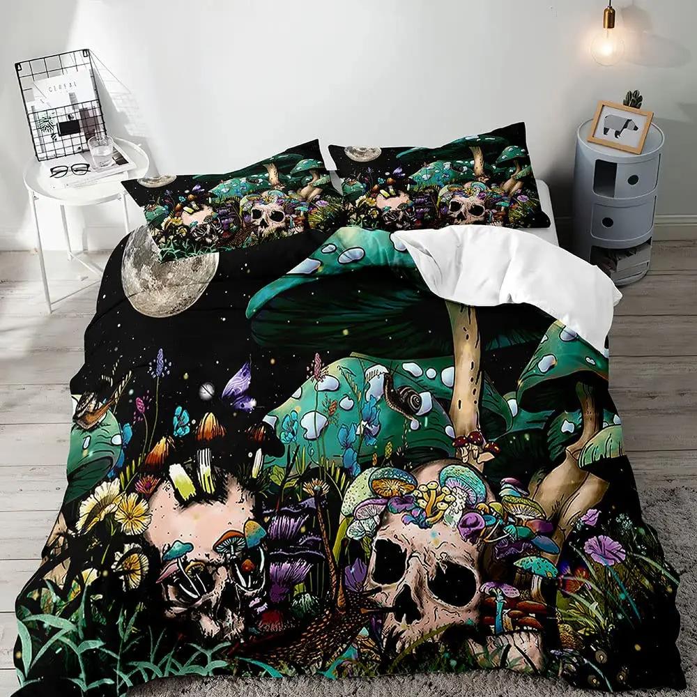 Psychedelic Mushroom Duvet Set Plant Bohemian Theme Bedding Quilt Set Three-Piece Set