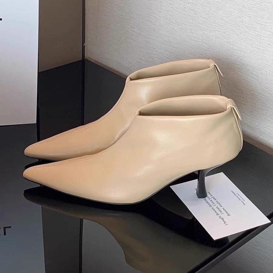 Cowhide Version~ Grape Mother Same French Pointed Kitten with Temperament High Heel Thin Boots Women's Ankle Short Boots Autumn and Winter