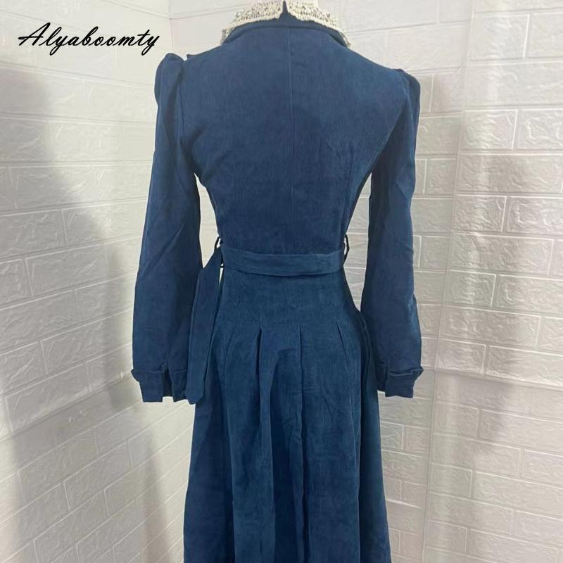 Mori Girl Autumn Winter Women Long Shirt Dress Blue Beading Vintage Buttons Dress Corduroy Elegant Feminine Dress With Belt