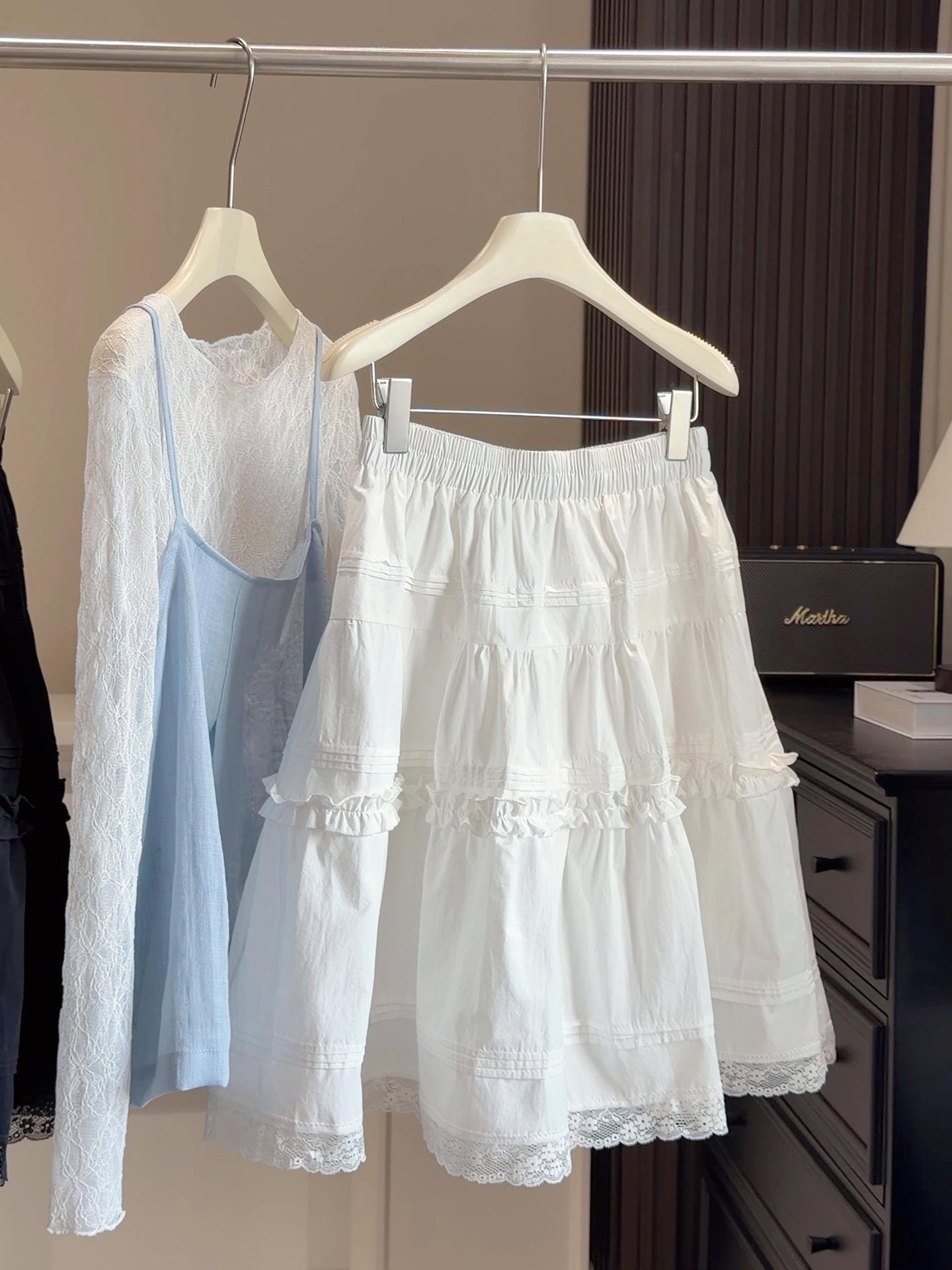 Women s White A-Line Lace Trim High Waist Midi Skirt - Summer Fluffy Five-Point Design One Size белый