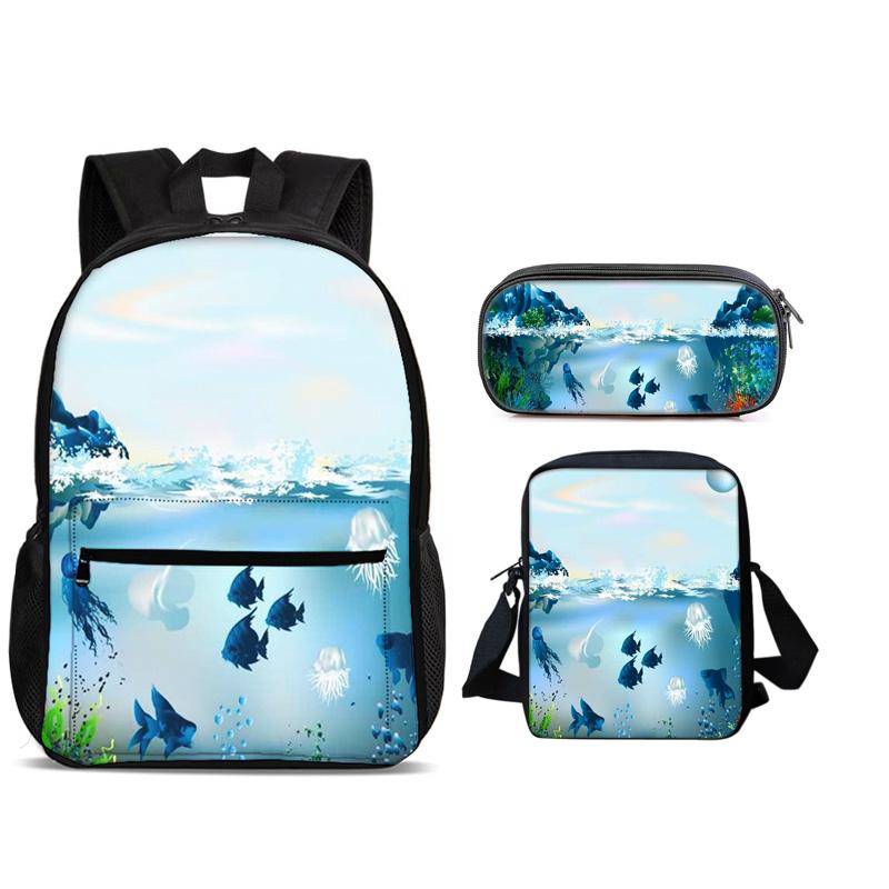 Mondo Subacqueo Zaino Portapenne Borsa a Spalla Set 3pz Versatile Cartone Animato Grande Capacità Ragazzo e Ragazza Scuola Compleanno Miglior Regalo