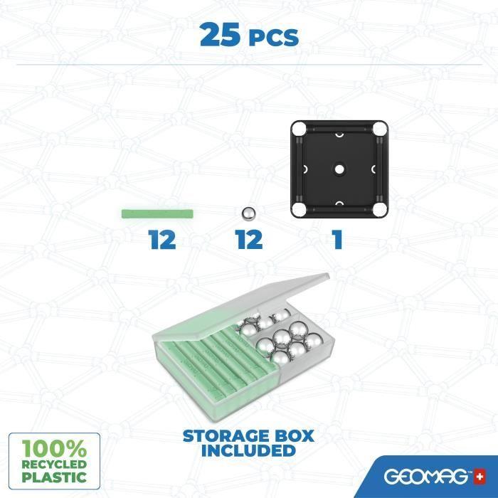 Coffret de construction - GEOMAG - Glow Recycled - 25 pieces - Luminescent - Magnétique - Plastique recyclé