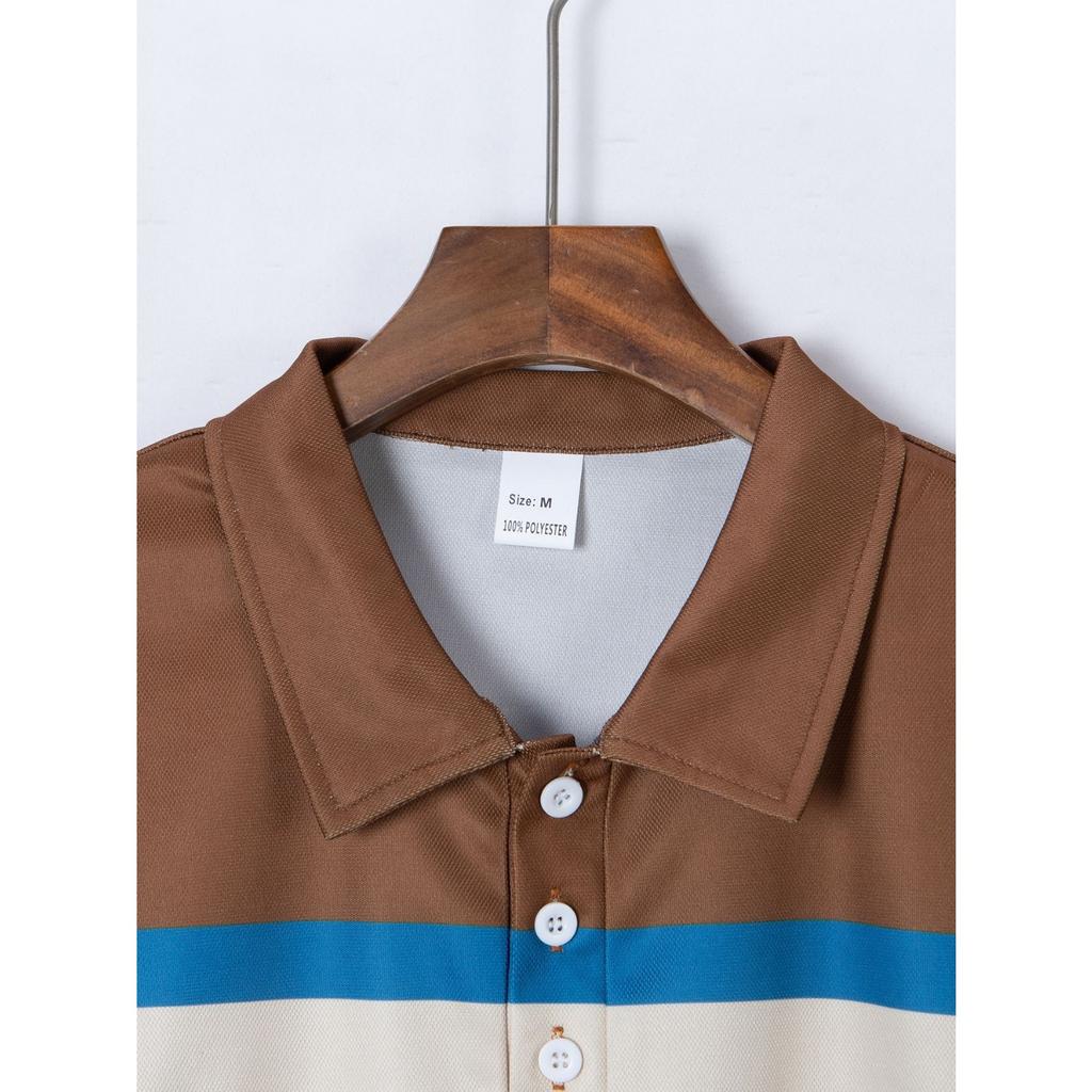 Fashion Men's Casual Polo Shirt V-neck Button Down Business Striped Versatile T-shirt Tops