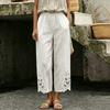 Women's Casual Straight Leg Pants with Elastic Waist and Lace Trim - Color Loose Fit