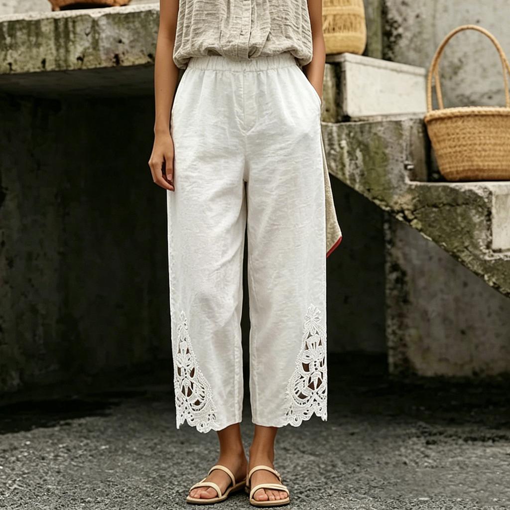 Women's Casual Straight Leg Pants with Elastic Waist and Lace Trim - Color Loose Fit