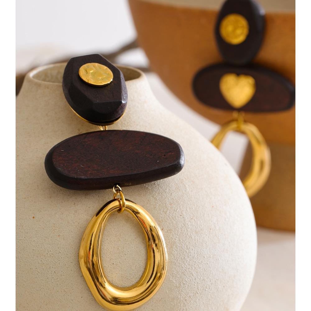 JINYOU 2804 Hot Selling Fashion Jewelry Brown Wood Stainless Steel Gold Plated Heart Hoop Drop Dangle Earrings