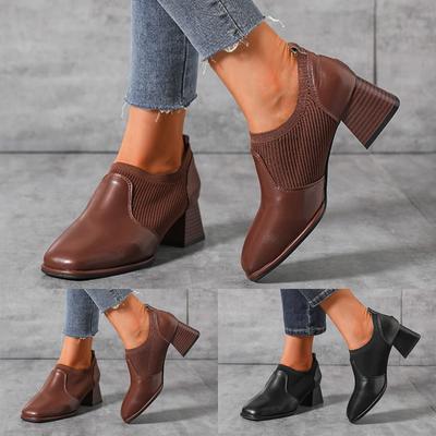 Ladies Fashion British Leather Knitted Panel Square Headed Thick Heel Ankle Boots Socks Boots for Women with Heel