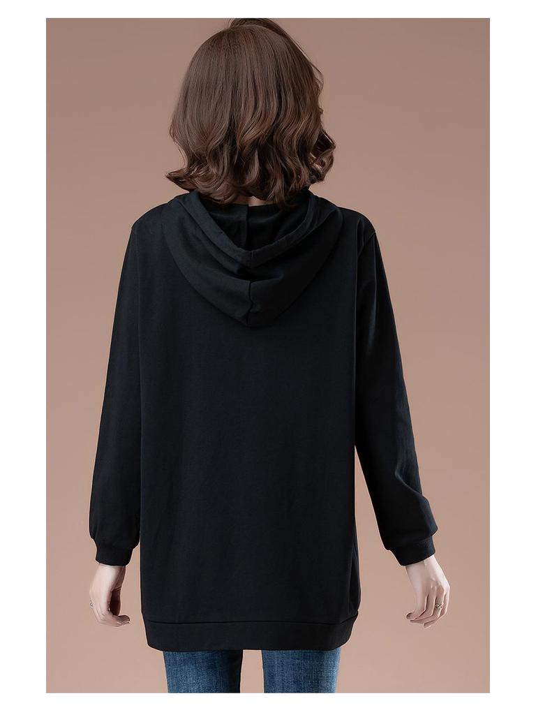Women's Mid-Length Hooded Sweatshirt - Loose Fit, Plus Size, Casual Top for Spring/Autumn, Hip-Covering Design for Middle-Aged Moms
