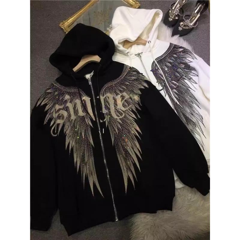 Damen-Kapuzenpullover für Herbst und Winter, Übergröße, schweres industrielles Heißbohren, leichtes Luxus-Flügelmuster vorne und hinten, mit Kapuze, langärmelig, wattierte Jacke, Sweatshirt