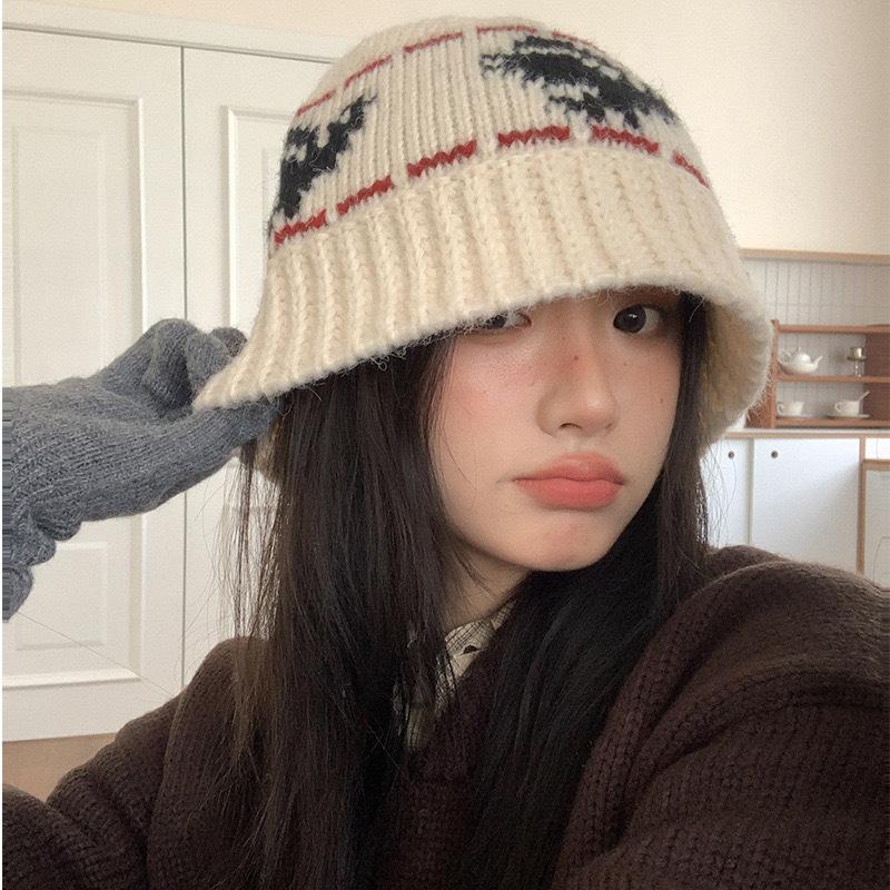 2025 autumn and winter new pigeon pattern jacquard knitted hat Korean warm retro wool bucket hat couple trend