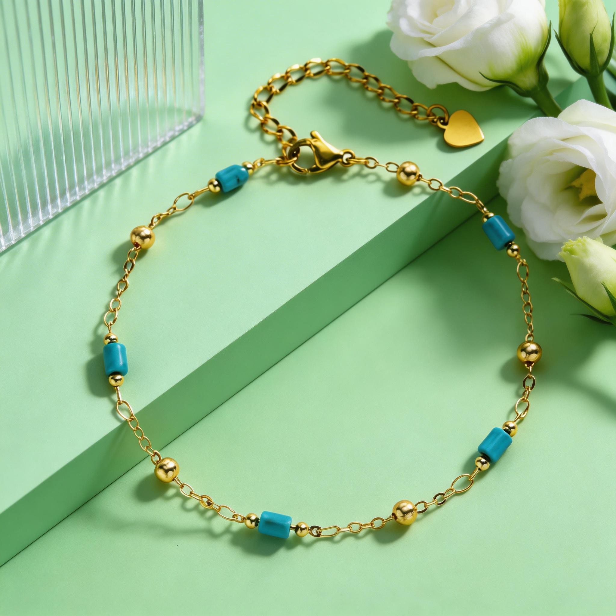 

Turquoise Beaded Chain Anklet for Women Gold Plated Link Chain Natural Stone Anklets Chic Jewelry Gift