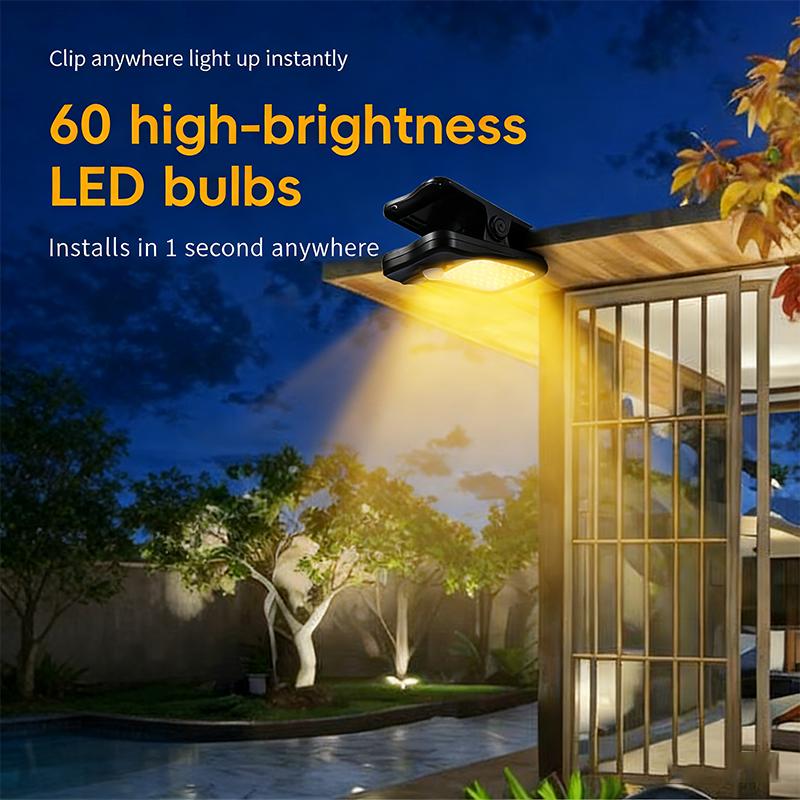 60LED Clip on Solar Light Motion Sensor IP65 Waterproof 3 Lighting Mode USB Charging for Outdoor Garden Yard Fence Lamp
