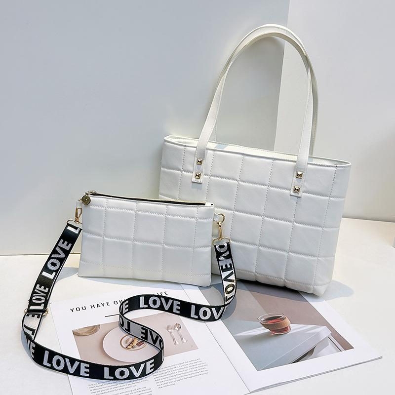 New Plaid Embroidered Tote Bag Casual Women's Bag Two-piece Set Small Square Bag Wide Shoulder Strap Messenger Bag One Piece