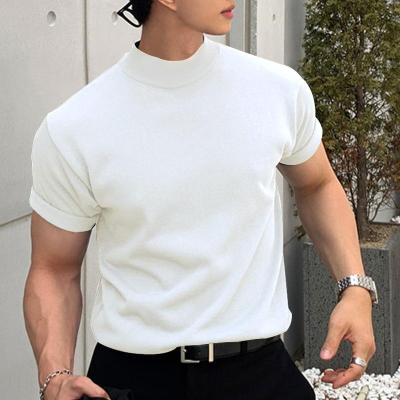 

High Neck Base Shirts Solid Color Short Sleeved Men s T-shirts S белый