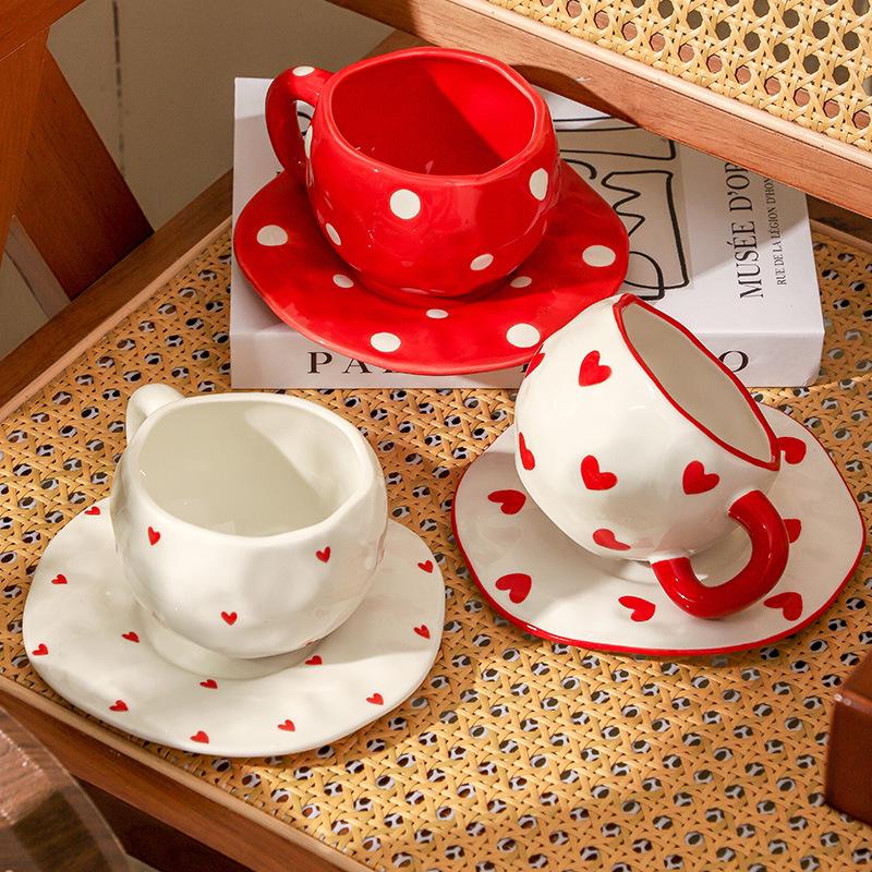 Ins Style Hand-Painted Retro Floral Irregular Coffee Cup and Saucer
