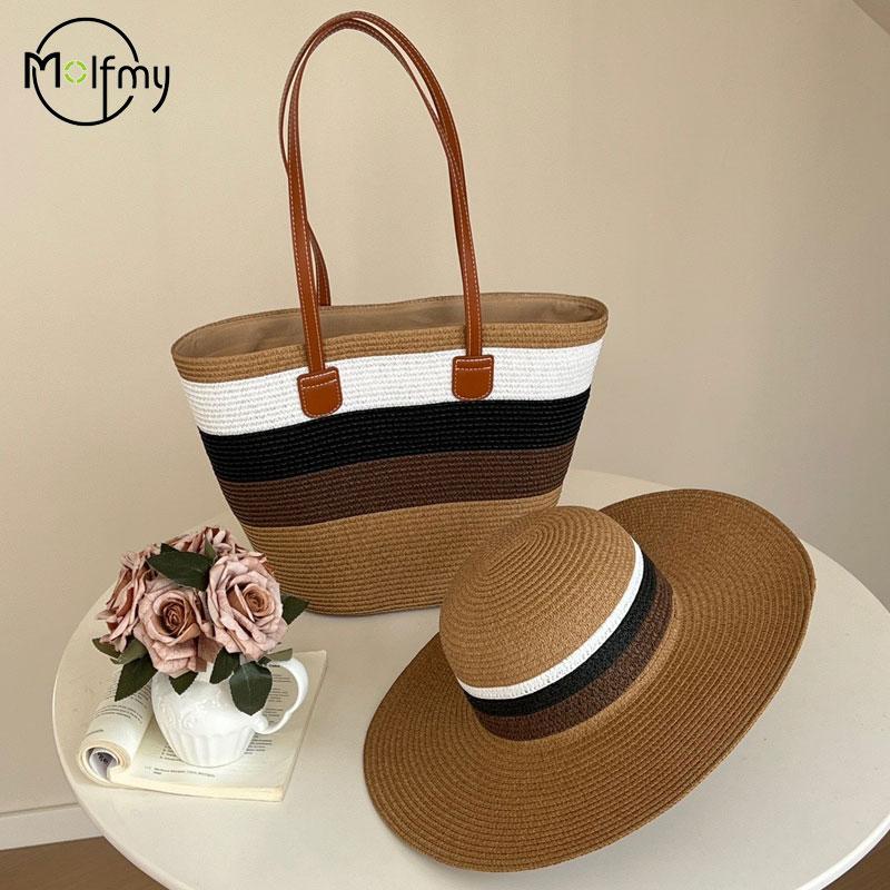 Straw Bag White Beach Hat Women's Summer Beach Tote Bags Outdoor Travel Vacati Large Capacity Shoulder Handbag Shade Beach Hat