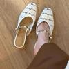 Fashion French Woven Cutout Slip-on Half Slippers Fashion New Square Toe Shallow Mouth Metal Buckle Block Heel Wrapped Sandals