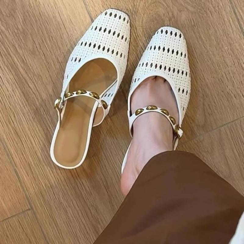 Fashion French Woven Cutout Slip-on Half Slippers Fashion New Square Toe Shallow Mouth Metal Buckle Block Heel Wrapped Sandals