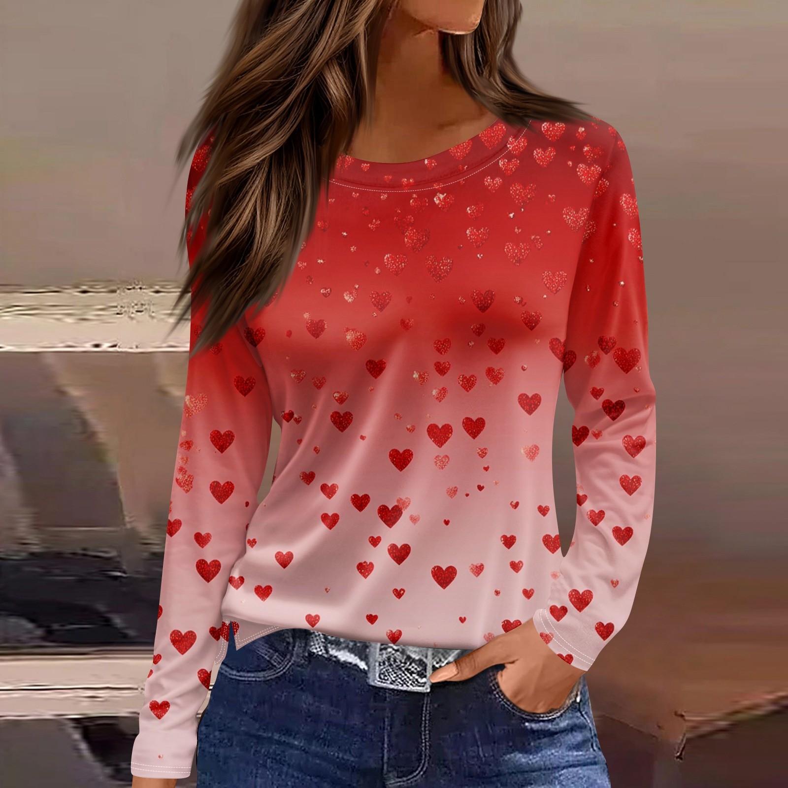 

Женская мода День святого Валентина принтованный круглый вырез повседневный длинный рукав топ XXXL
