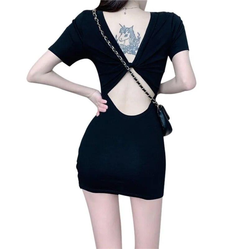 

Женское летнее тонкое платье с коротким рукавом, однотонные повседневные платья с круглым вырезом, облегающие мини-платья с вырезами M чёрный